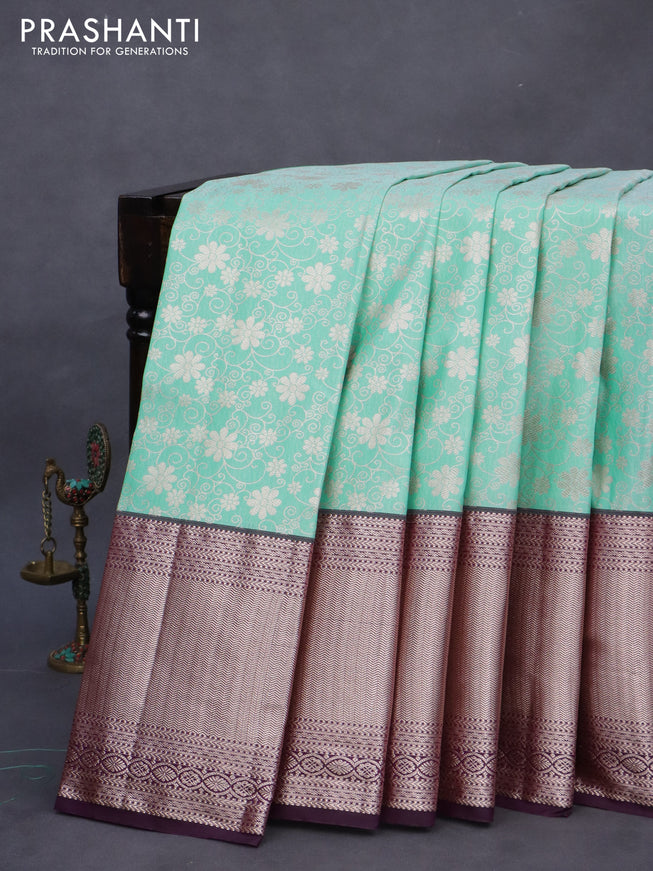 Bangalori silk saree teal shade and dark purple with allover zari woven brocade weaves and long zari woven border