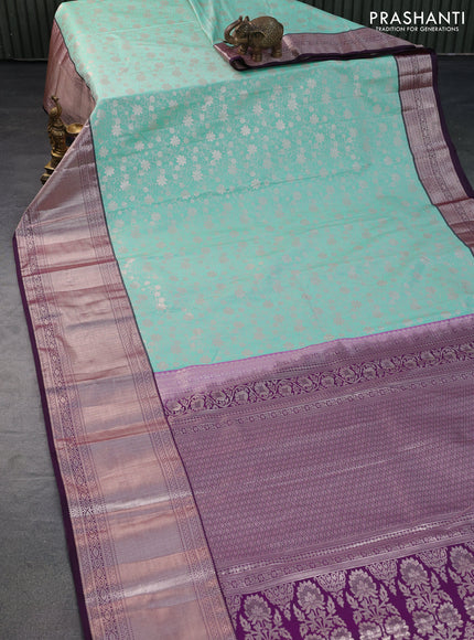 Bangalori silk saree teal shade and dark purple with allover zari woven brocade weaves and long zari woven border