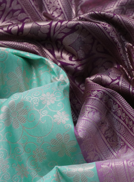 Bangalori silk saree teal shade and dark purple with allover zari woven brocade weaves and long zari woven border