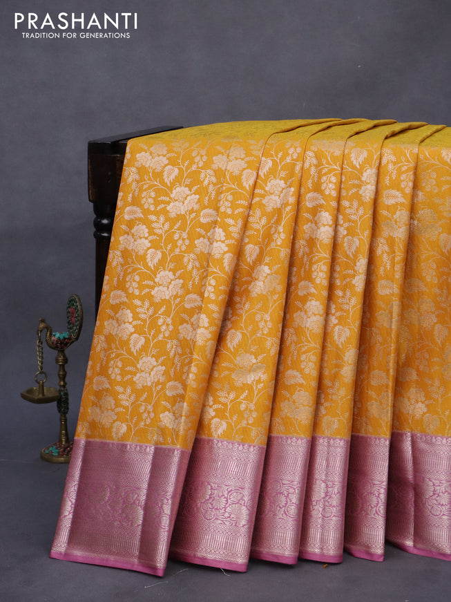 Bangalori silk saree yellow and mauve pink with allover zari woven brocade weaves and zari woven border