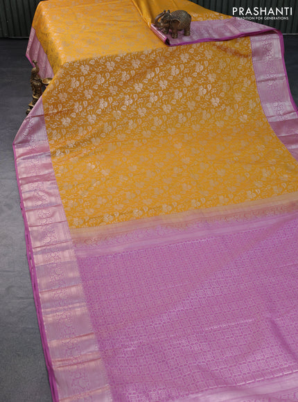 Bangalori silk saree yellow and mauve pink with allover zari woven brocade weaves and zari woven border