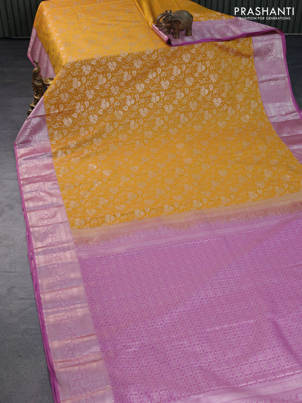 Bangalori silk saree yellow and mauve pink with allover zari woven brocade weaves and zari woven border