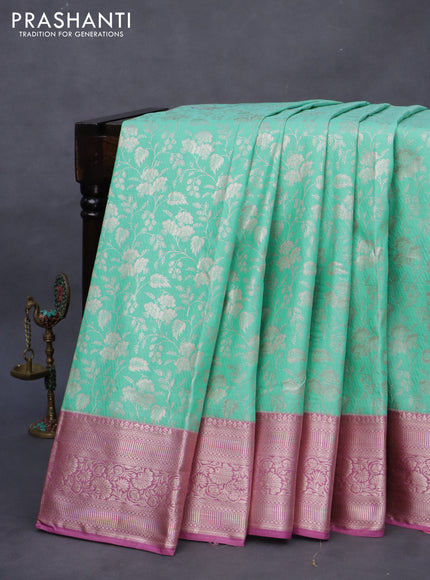 Bangalori silk saree teal green shade and mauve pink with allover zari woven brocade weaves and zari woven border