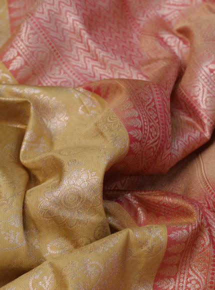 Bangalori silk saree sandal and dual shade of pastel peach with allover zari woven brocade weaves and zari woven border