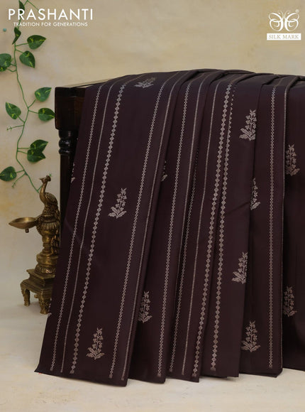 Pure kanchipuram silk saree coffee brown with allover silver zari weaves & buttas in borderless style