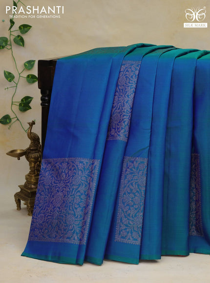 Pure kanchipuram silk saree dual shade of bluish green and dual shade of pink with silver zari woven box type buttas in borderless style