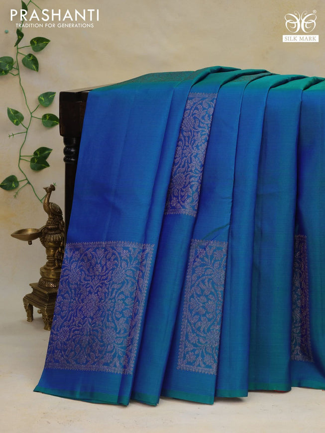 Pure kanchipuram silk saree dual shade of bluish green and dual shade of pink with silver zari woven box type buttas in borderless style