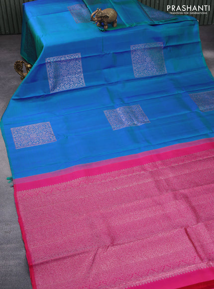 Pure kanchipuram silk saree dual shade of bluish green and dual shade of pink with silver zari woven box type buttas in borderless style