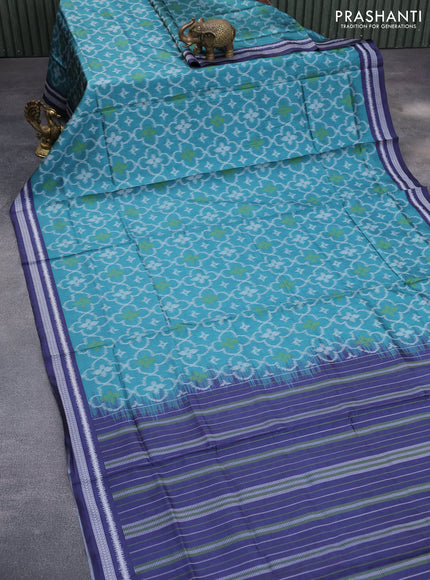 Sambalpuri semi silk saree teal green and navy blue with allover ikat weaves and thread woven border