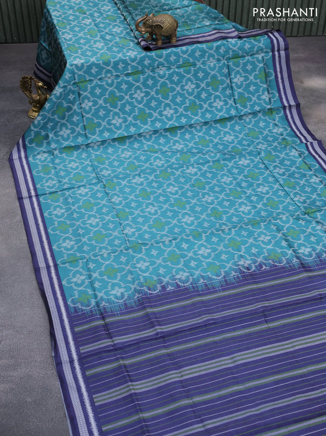 Sambalpuri semi silk saree teal green and navy blue with allover ikat weaves and thread woven border