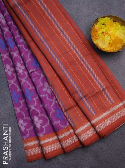 Sambalpuri semi silk saree purple and rustic orange with allover ikat weaves and thread woven border