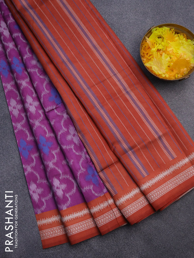 Sambalpuri semi silk saree purple and rustic orange with allover ikat weaves and thread woven border