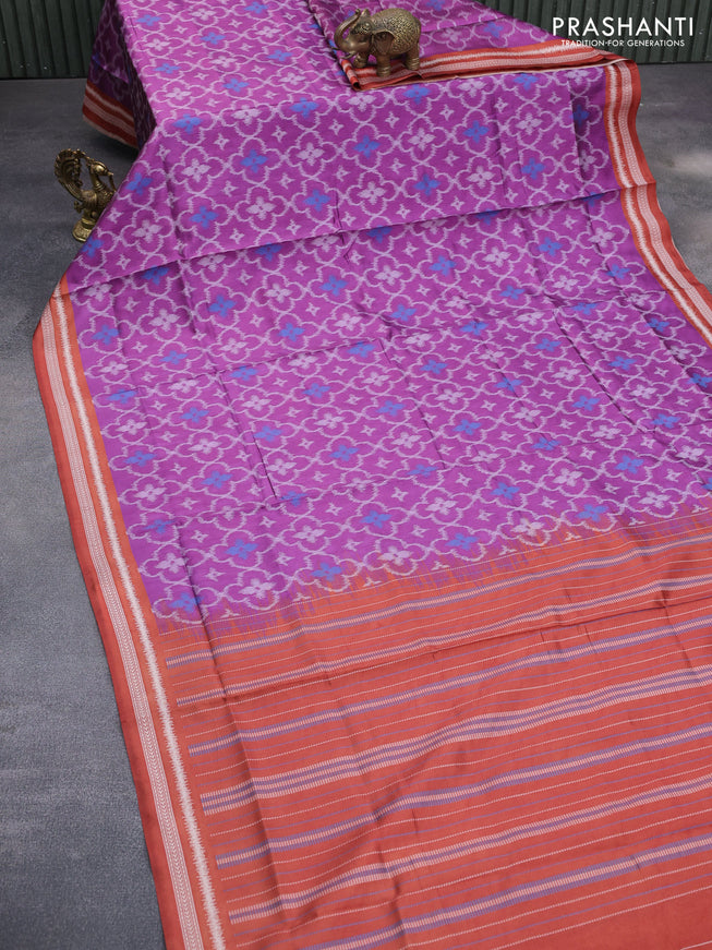 Sambalpuri semi silk saree purple and rustic orange with allover ikat weaves and thread woven border