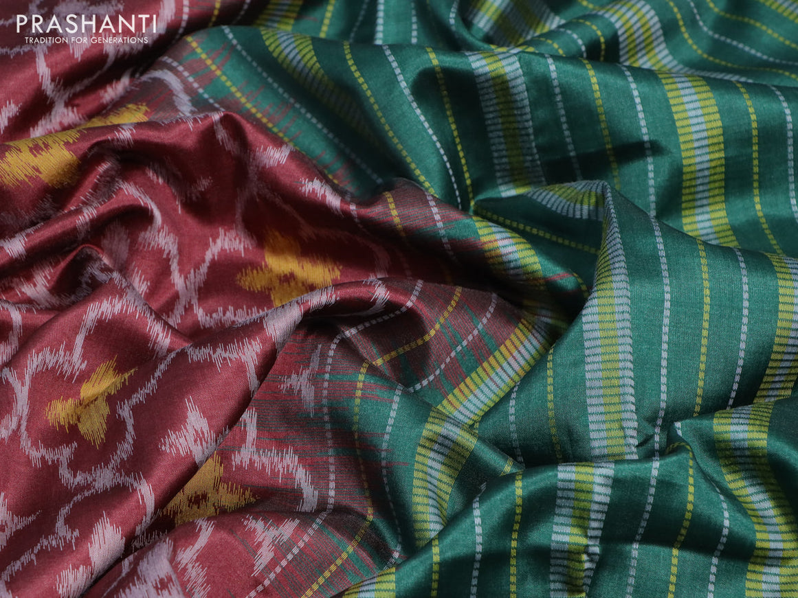 Sambalpuri semi silk saree maroon and green with allover ikat weaves and thread woven border