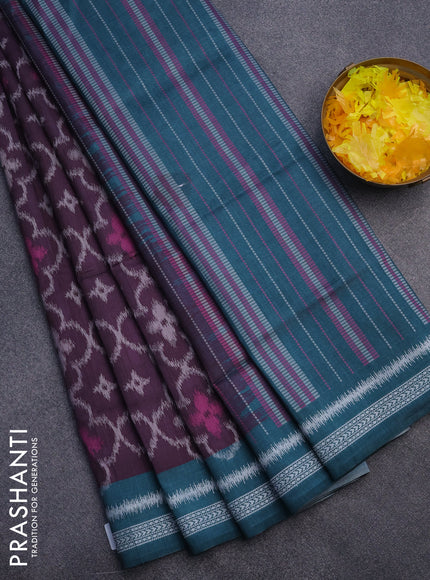 Sambalpuri semi silk saree wine shade and peacock green with allover ikat weaves and thread woven border