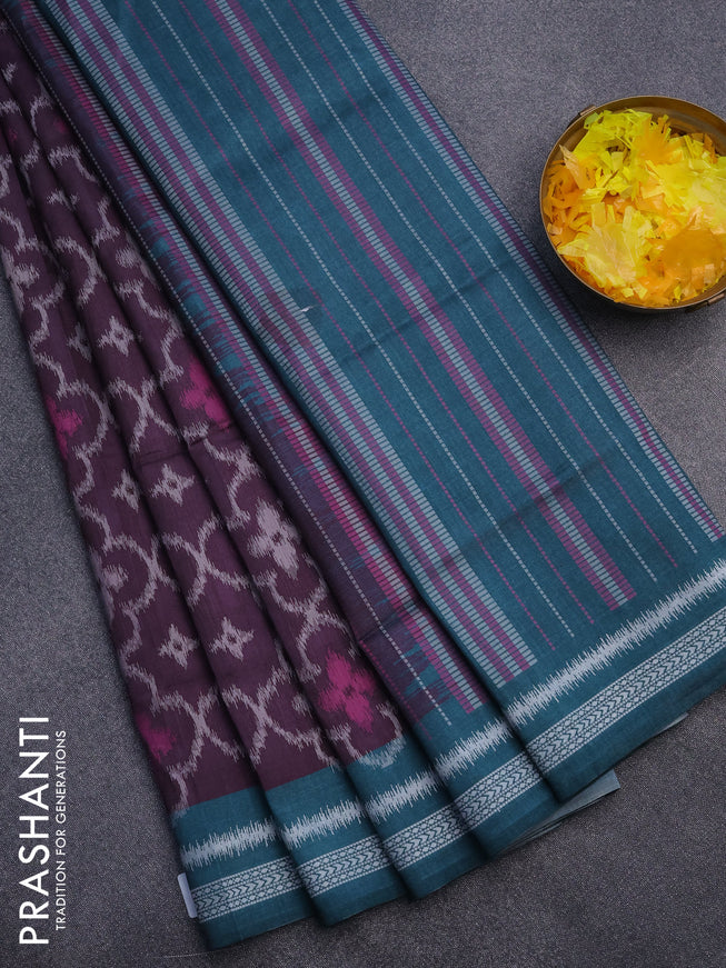 Sambalpuri semi silk saree wine shade and peacock green with allover ikat weaves and thread woven border