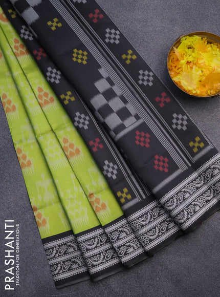 Sambalpuri semi silk saree lime green and black with allover ikat weaves and thread woven border