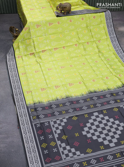 Sambalpuri semi silk saree lime green and black with allover ikat weaves and thread woven border