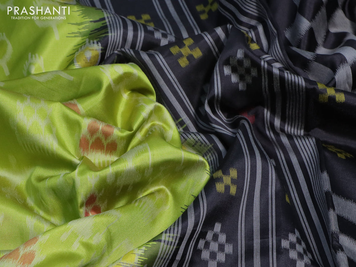 Sambalpuri semi silk saree lime green and black with allover ikat weaves and thread woven border