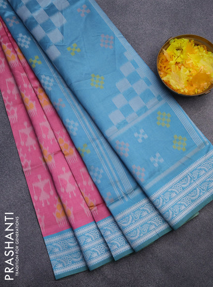 Sambalpuri semi silk saree pink and teal blue with allover ikat weaves and thread woven border