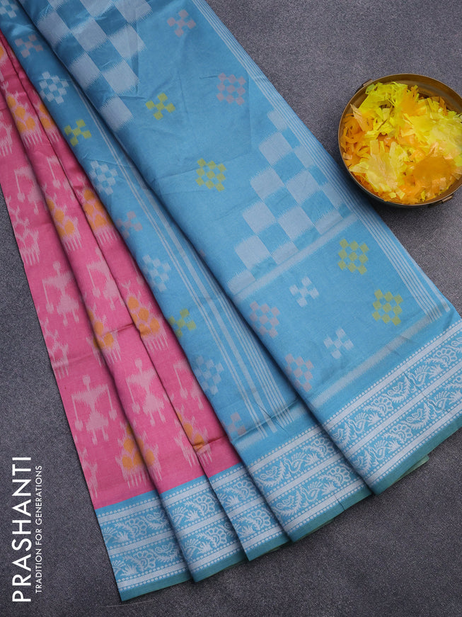 Sambalpuri semi silk saree pink and teal blue with allover ikat weaves and thread woven border