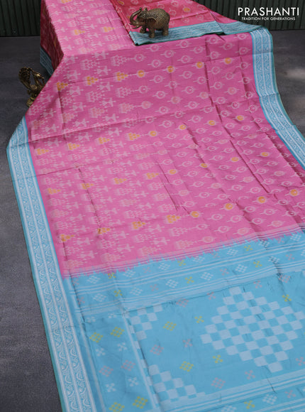 Sambalpuri semi silk saree pink and teal blue with allover ikat weaves and thread woven border