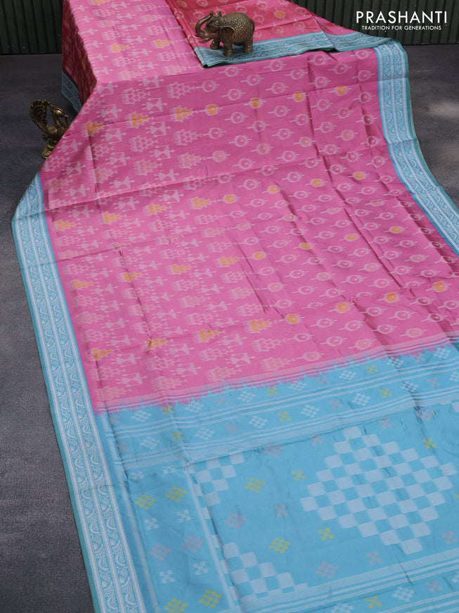 Sambalpuri semi silk saree pink and teal blue with allover ikat weaves and thread woven border