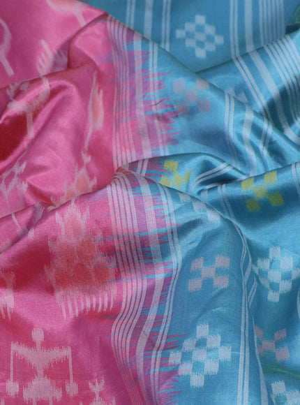 Sambalpuri semi silk saree pink and teal blue with allover ikat weaves and thread woven border