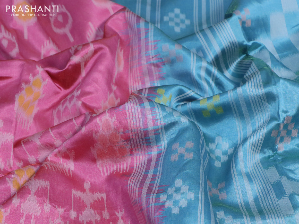 Sambalpuri semi silk saree pink and teal blue with allover ikat weaves and thread woven border