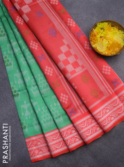 Sambalpuri semi silk saree green and peach pink shade with allover ikat weaves and thread woven border