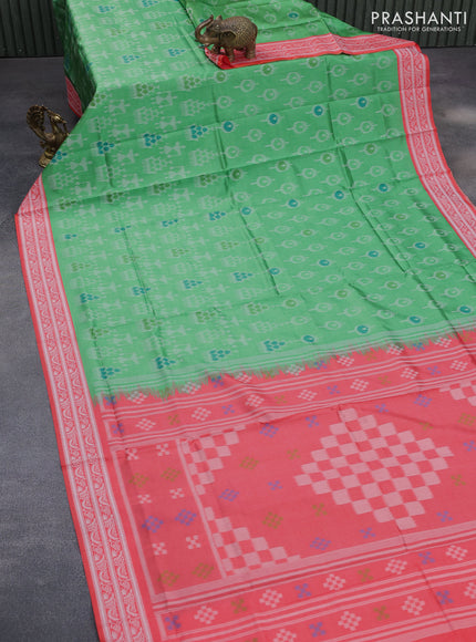 Sambalpuri semi silk saree green and peach pink shade with allover ikat weaves and thread woven border