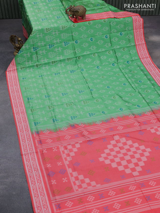 Sambalpuri semi silk saree green and peach pink shade with allover ikat weaves and thread woven border