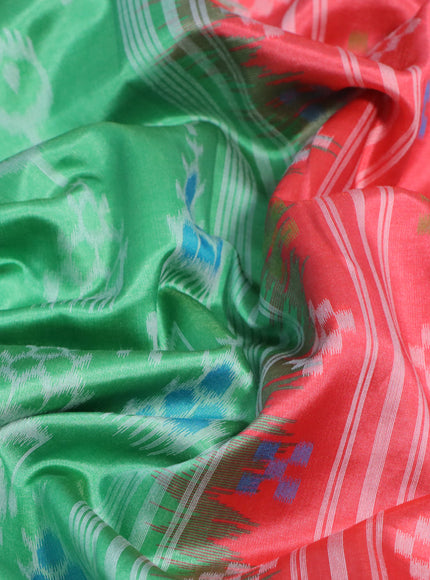 Sambalpuri semi silk saree green and peach pink shade with allover ikat weaves and thread woven border