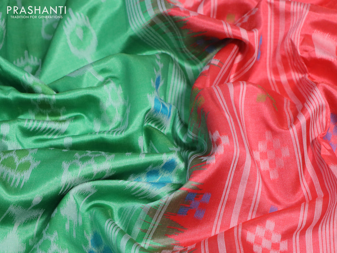 Sambalpuri semi silk saree green and peach pink shade with allover ikat weaves and thread woven border