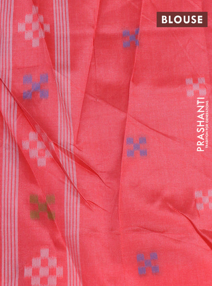 Sambalpuri semi silk saree green and peach pink shade with allover ikat weaves and thread woven border