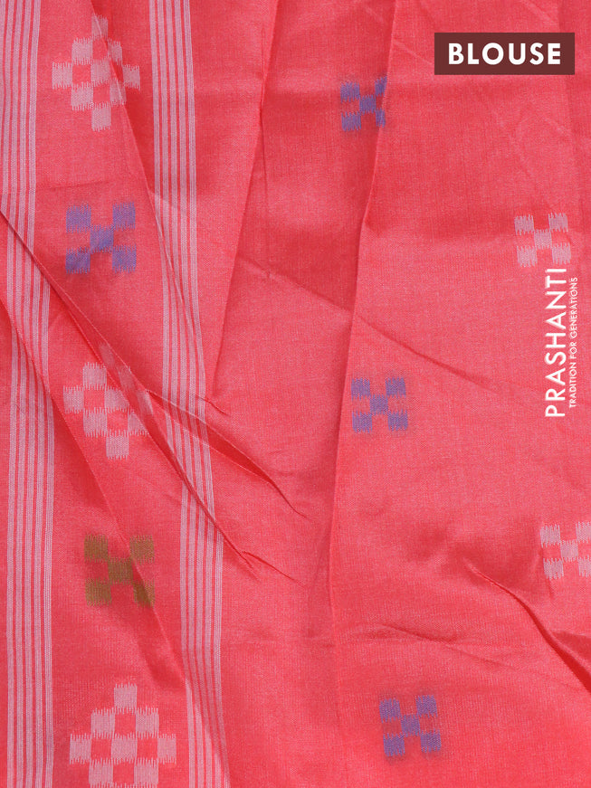 Sambalpuri semi silk saree green and peach pink shade with allover ikat weaves and thread woven border