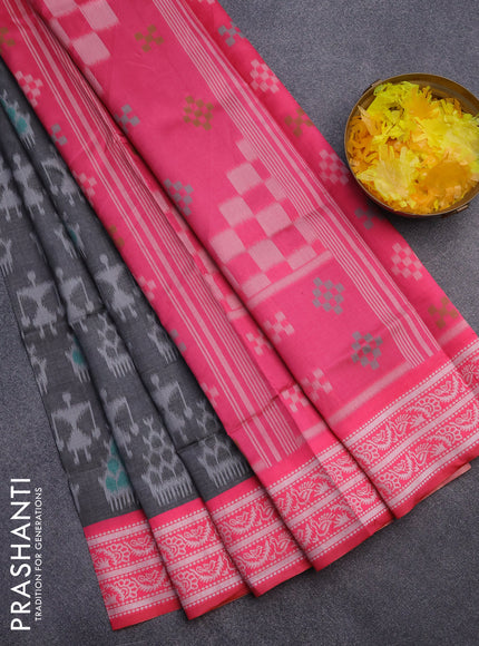 Sambalpuri semi silk saree grey and candy pink with allover ikat weaves and thread woven border