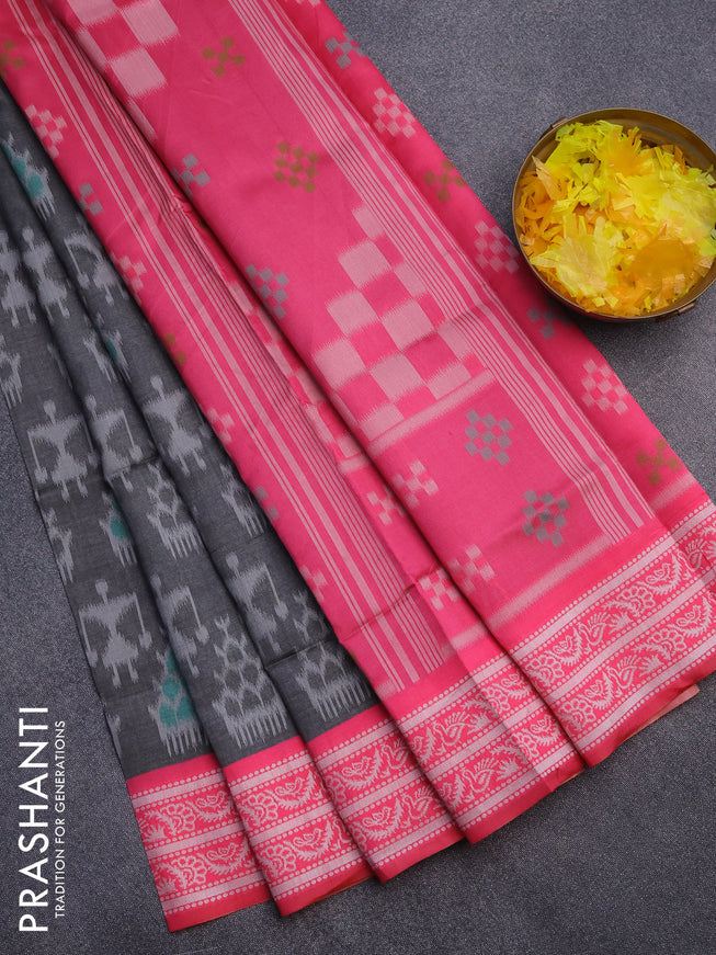 Sambalpuri semi silk saree grey and candy pink with allover ikat weaves and thread woven border