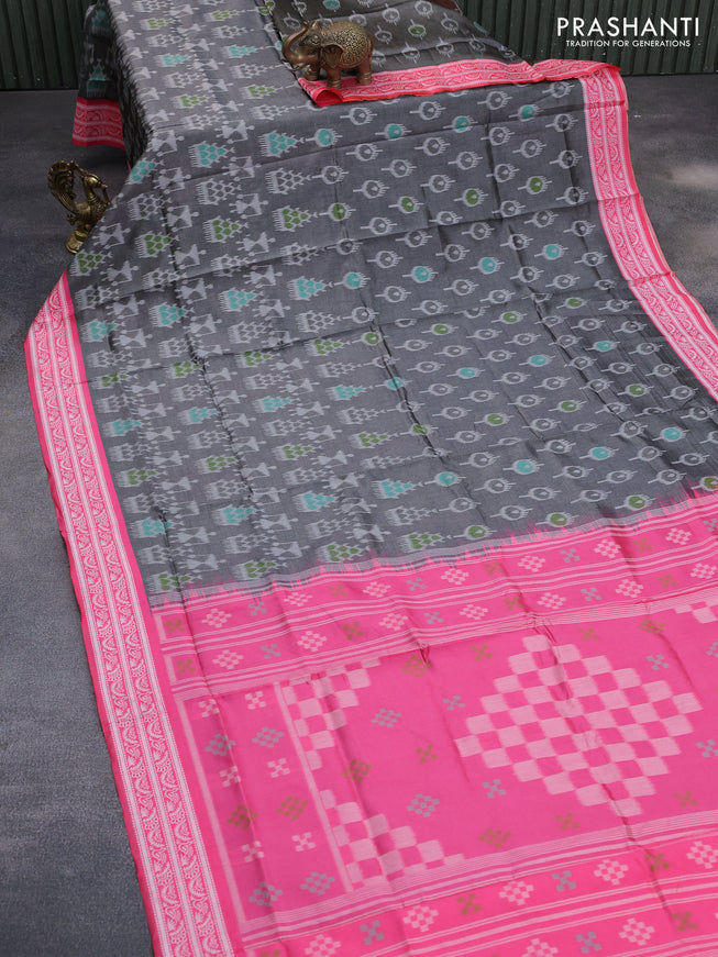 Sambalpuri semi silk saree grey and candy pink with allover ikat weaves and thread woven border