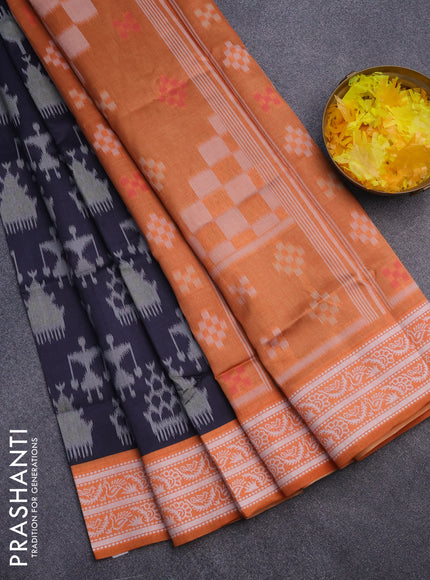 Sambalpuri semi silk saree elephant grey and orange with allover ikat weaves and thread woven border