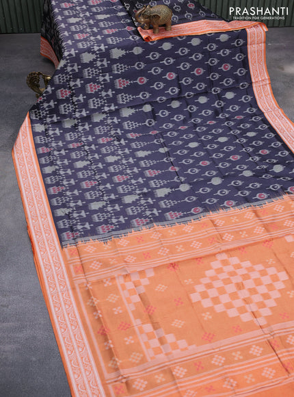 Sambalpuri semi silk saree elephant grey and orange with allover ikat weaves and thread woven border