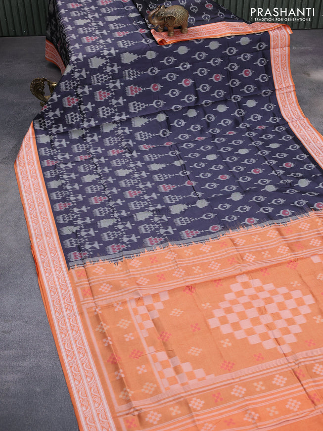 Sambalpuri semi silk saree elephant grey and orange with allover ikat weaves and thread woven border