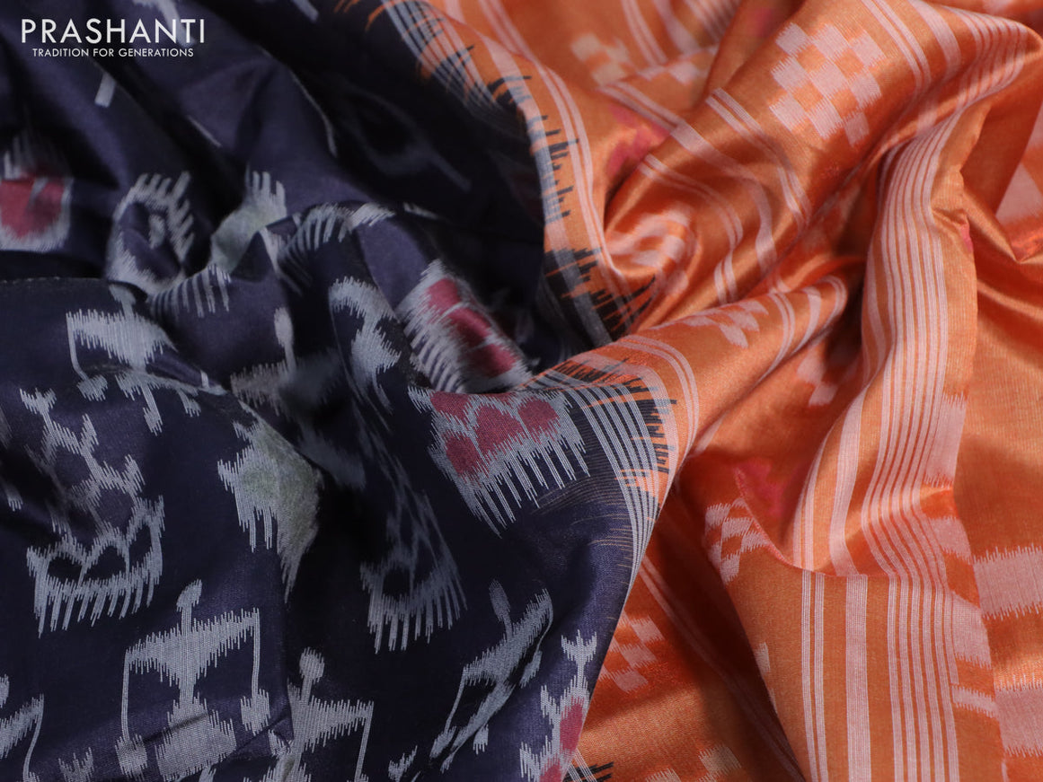 Sambalpuri semi silk saree elephant grey and orange with allover ikat weaves and thread woven border