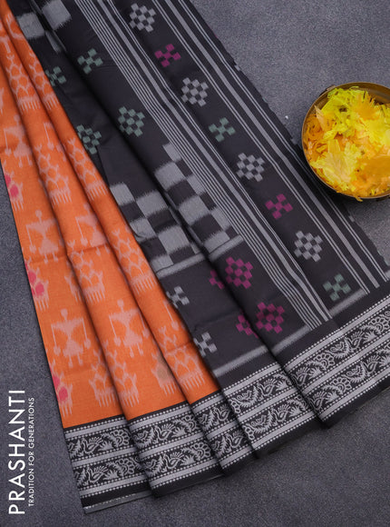 Sambalpuri semi silk saree orange and black with allover ikat weaves and thread woven border