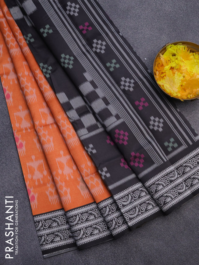 Sambalpuri semi silk saree orange and black with allover ikat weaves and thread woven border