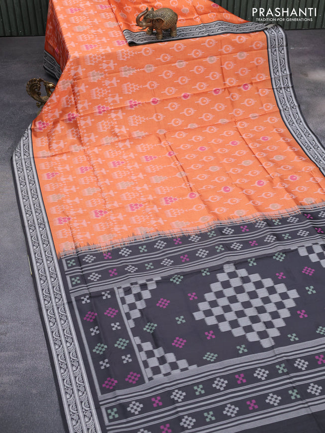 Sambalpuri semi silk saree orange and black with allover ikat weaves and thread woven border