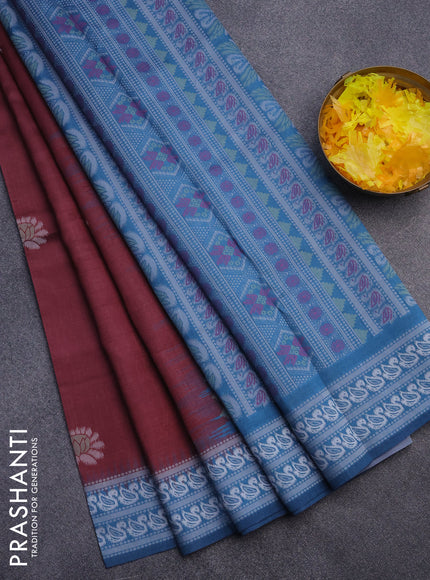 Sambalpuri semi silk saree deep maroon and peacock blue with ikat butta weaves and thread woven border