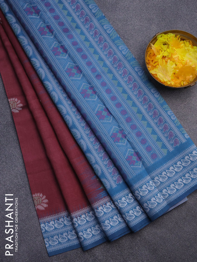 Sambalpuri semi silk saree deep maroon and peacock blue with ikat butta weaves and thread woven border