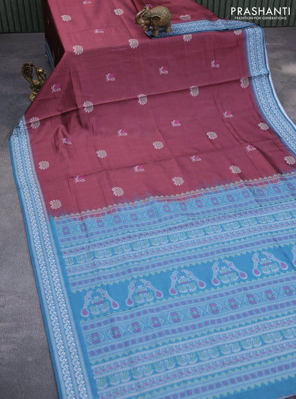 Sambalpuri semi silk saree deep maroon and peacock blue with ikat butta weaves and thread woven border