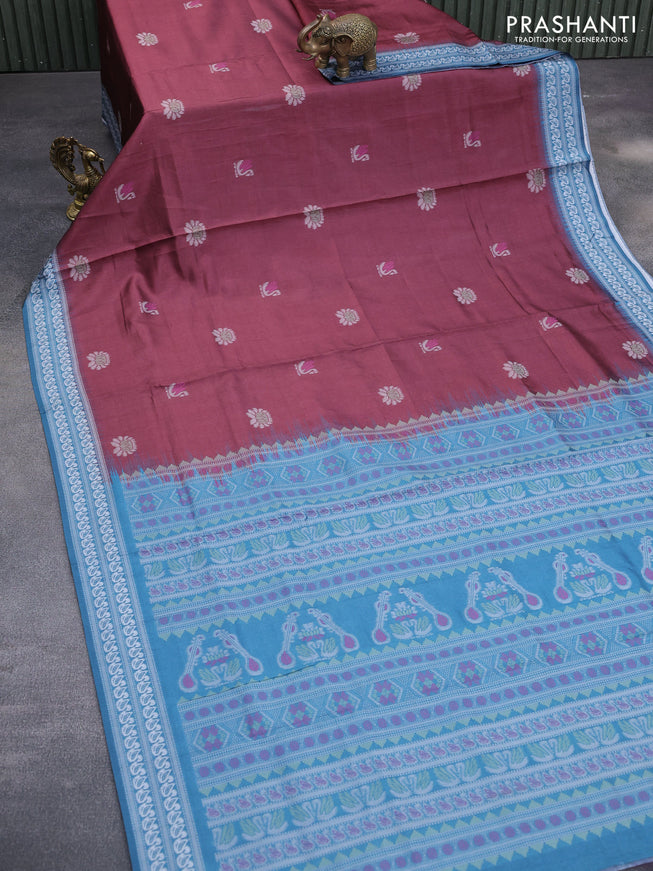 Sambalpuri semi silk saree deep maroon and peacock blue with ikat butta weaves and thread woven border